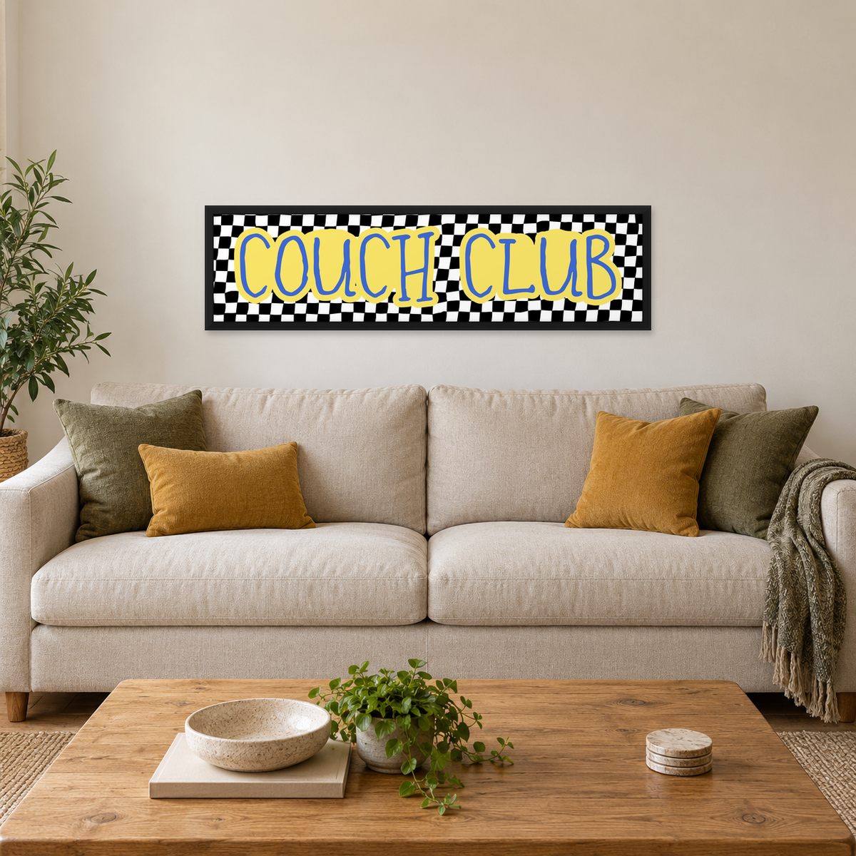 Couch Club Panoramic Print — wider room setting, matt black wood