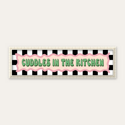 Cuddles In The Kitchen panoramic print in a white bobbin frame