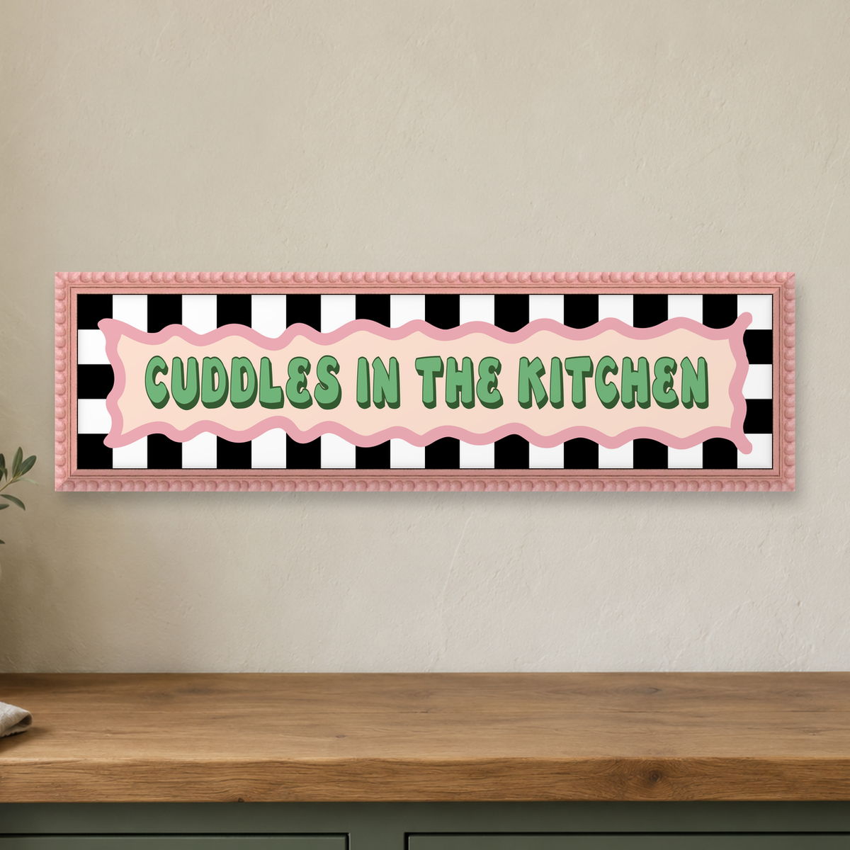 Cuddles In The Kitchen Panoramic Print — close lifestyle view, pink bobbin
