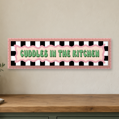 Cuddles In The Kitchen Panoramic Print — close lifestyle view, pink bobbin