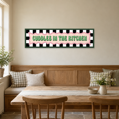 Cuddles In The Kitchen Panoramic Print — wider room setting, forest green bobbin