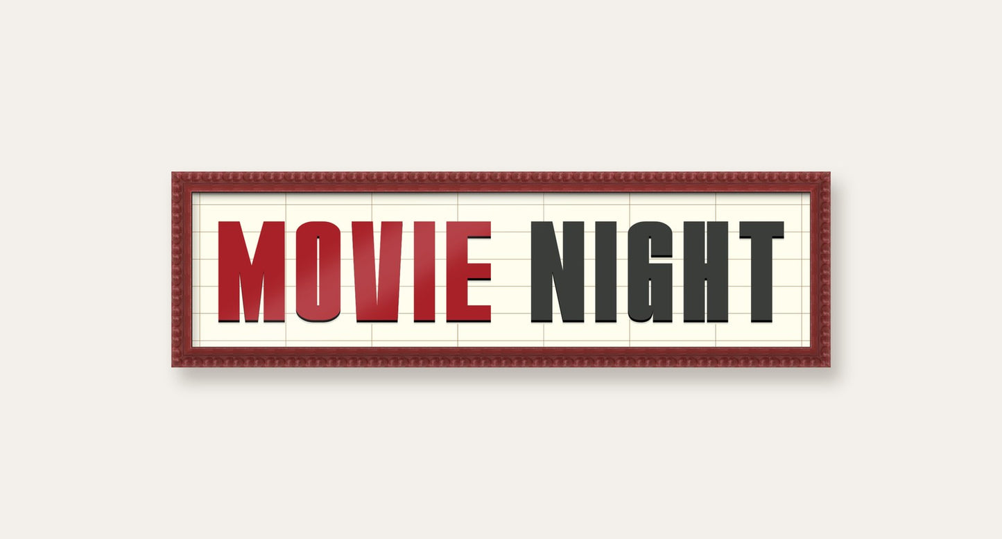 Movie Night panoramic print in a dark red bobbin frame