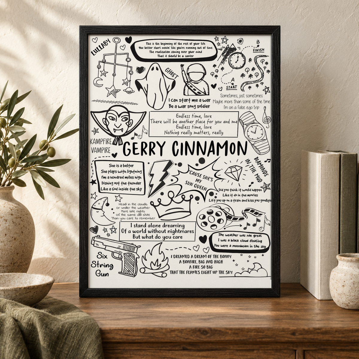 Gerry Cinnamon Lyric Album Print — close lifestyle view, black oak frame