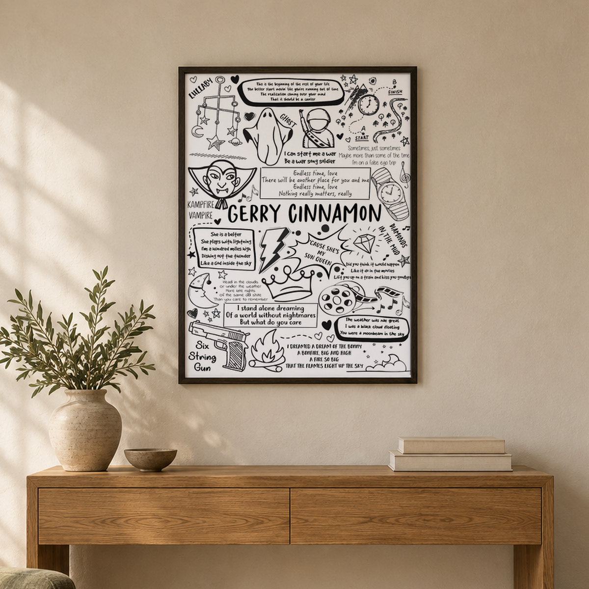 Gerry Cinnamon Lyric Album Print — wider room setting, black oak frame