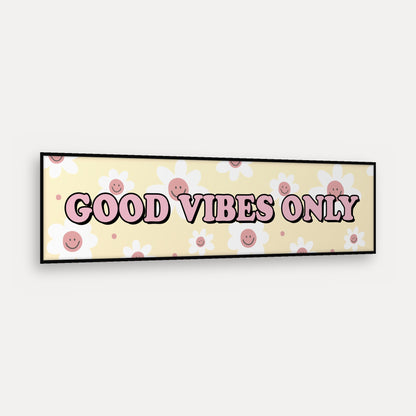 Good Vibes Only panoramic print in a matt black frame, angled view