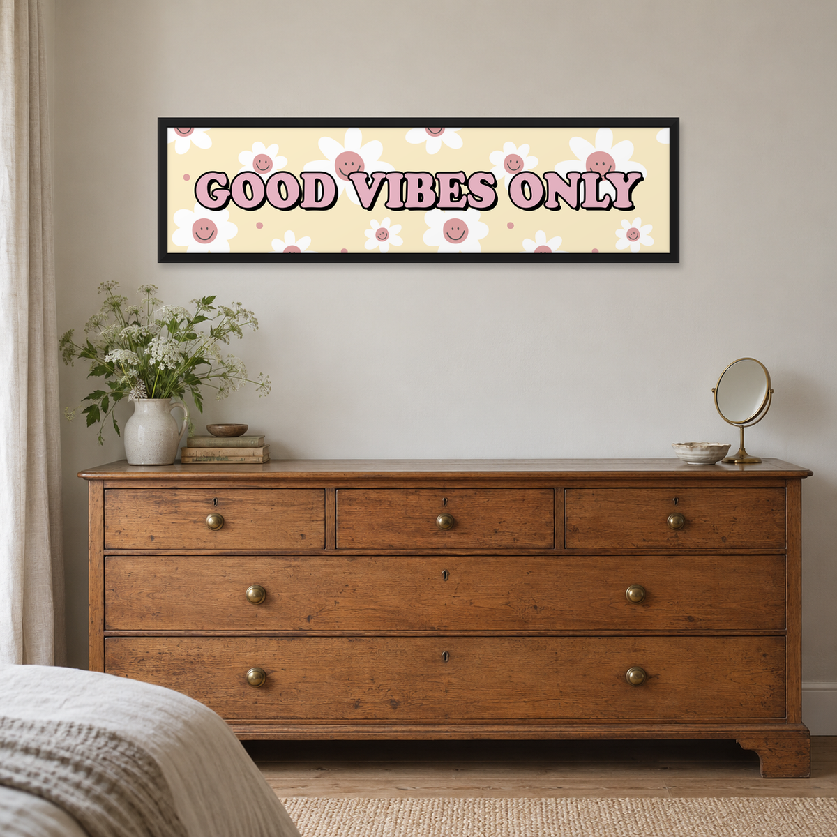 Good Vibes Only Panoramic Print — wider room setting, matt black wood