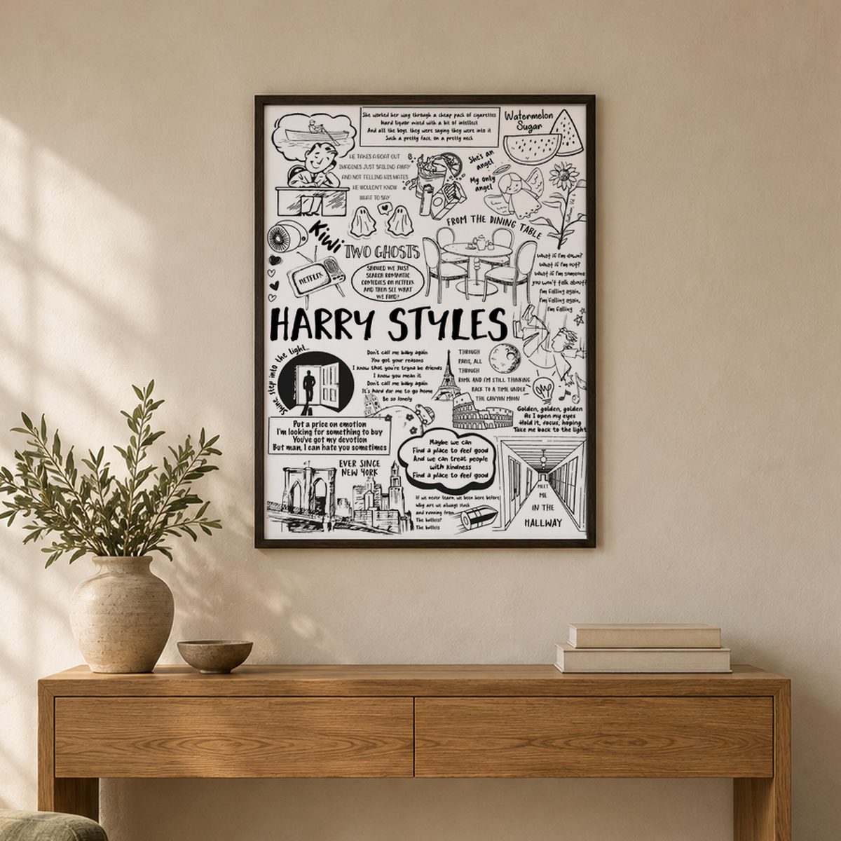 Harry Styles Lyric Album Print — wider room setting, black oak frame