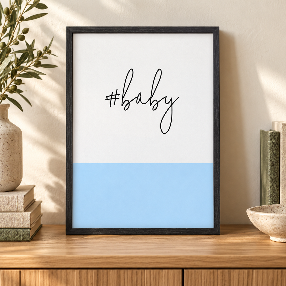Hashtag Baby Print — close lifestyle view, black oak frame