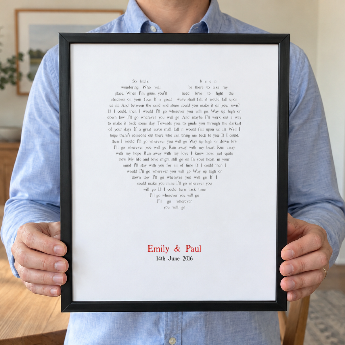 Personalised Heart Song Lyrics Print — close lifestyle view, held frame