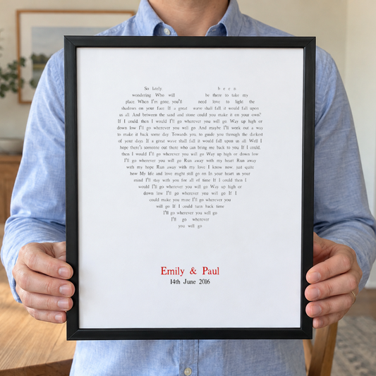 Personalised Heart Song Lyrics Print — close lifestyle view, held frame