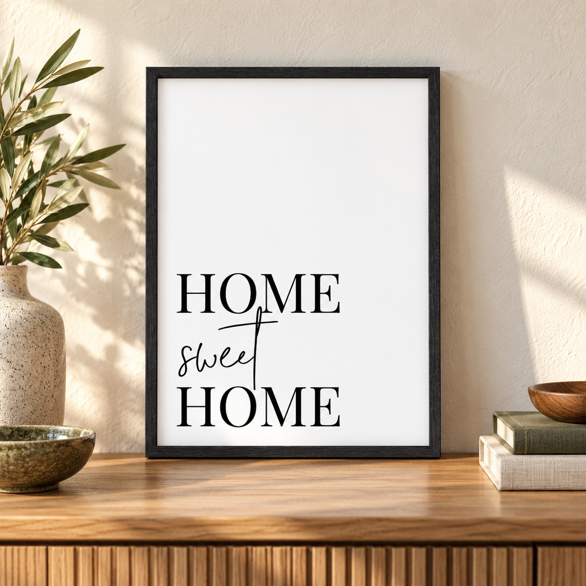 Home Sweet Home Print — close lifestyle view, black oak frame