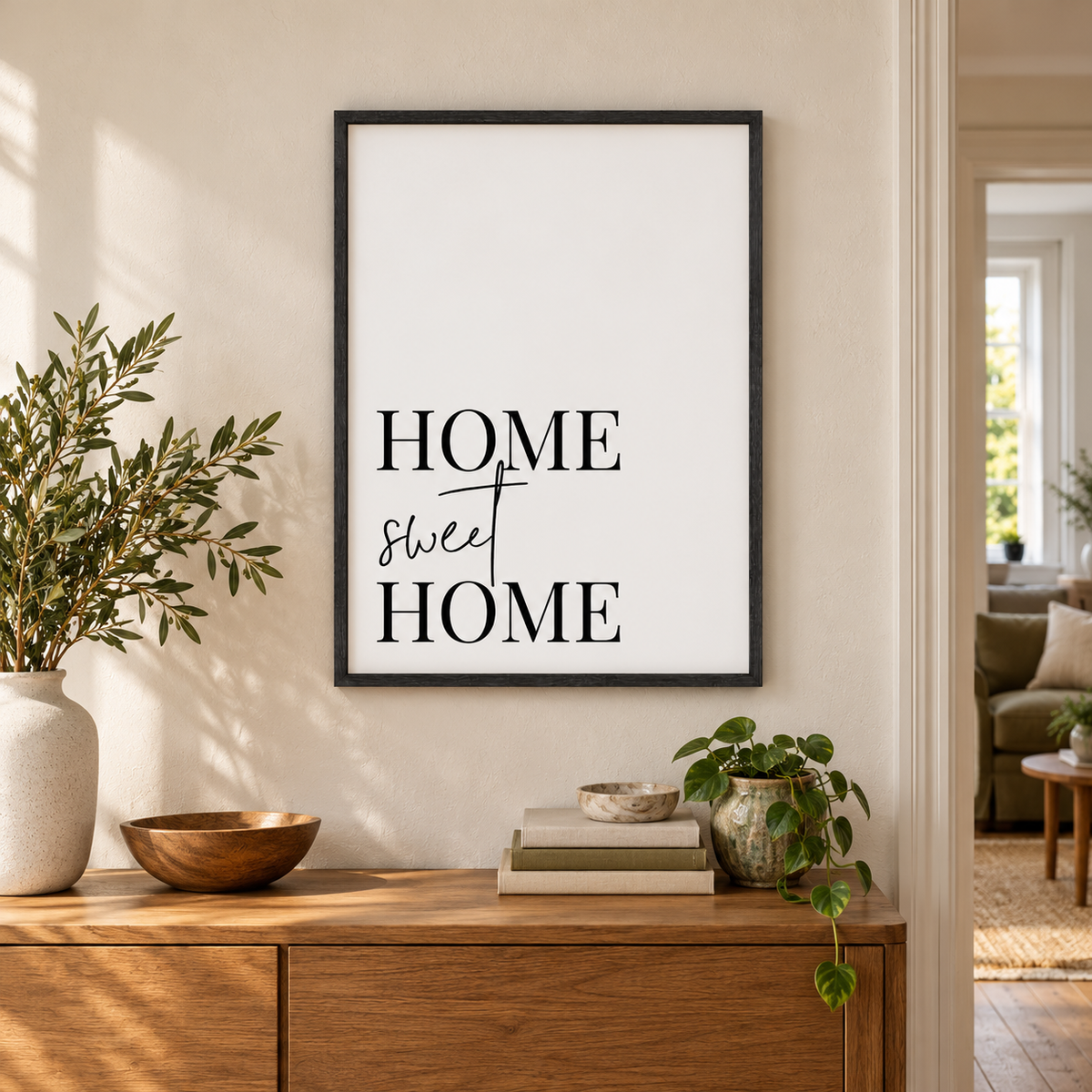 Home Sweet Home Print — wider room setting, black oak frame