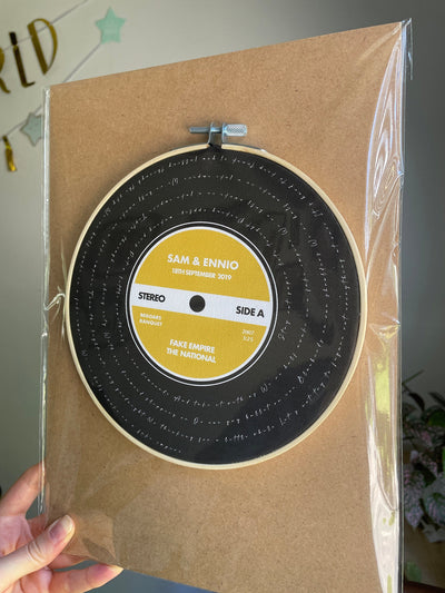 Customer photo — Personalised Song Lyrics Vinyl Record Cotton Canvas Circular Frame