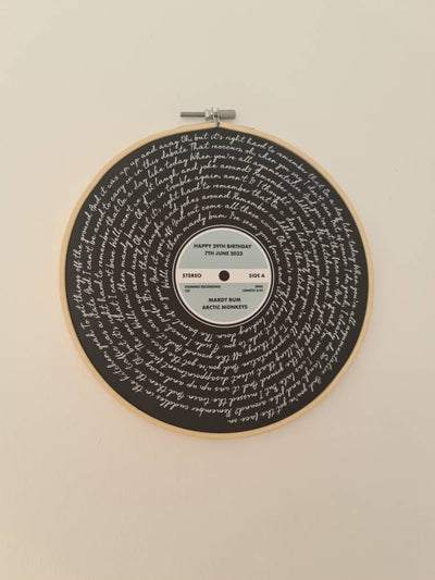 Customer photo — Personalised Song Lyrics Vinyl Record Cotton Canvas Circular Frame