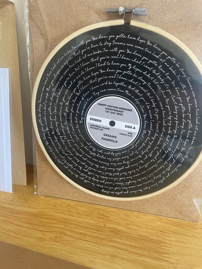 Customer photo — Personalised Song Lyrics Vinyl Record Cotton Canvas Circular Frame