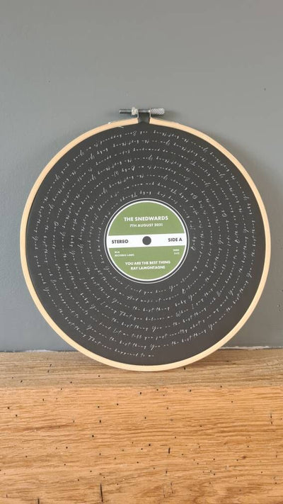 Customer photo — Personalised Song Lyrics Vinyl Record Cotton Canvas Circular Frame
