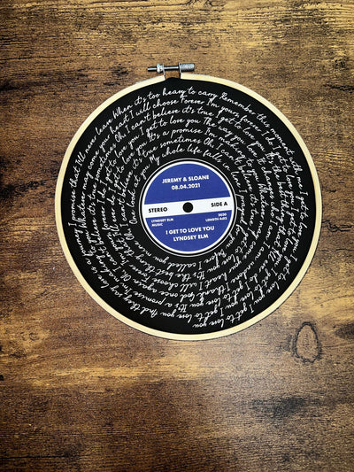 Customer photo — Personalised Song Lyrics Vinyl Record Cotton Canvas Circular Frame