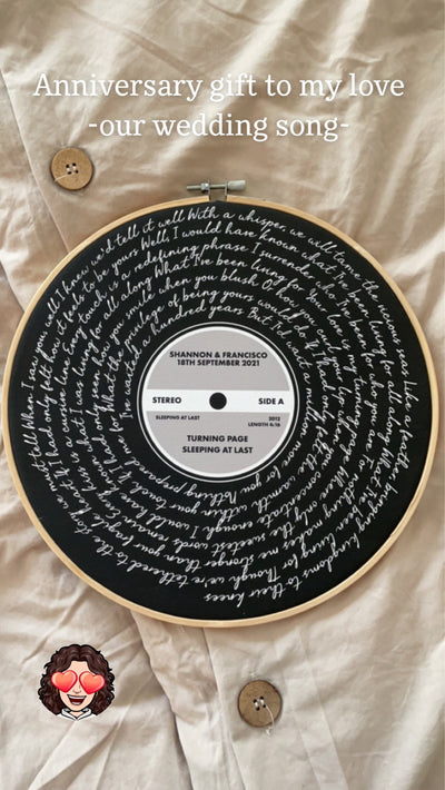 Customer photo — Personalised Song Lyrics Vinyl Record Cotton Canvas Circular Frame