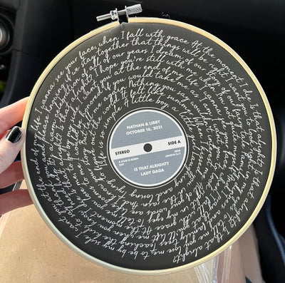 Customer photo — Personalised Song Lyrics Vinyl Record Cotton Canvas Circular Frame