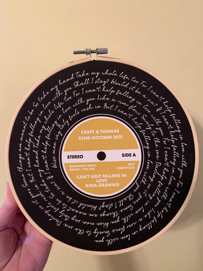 Customer photo — Personalised Song Lyrics Vinyl Record Cotton Canvas Circular Frame