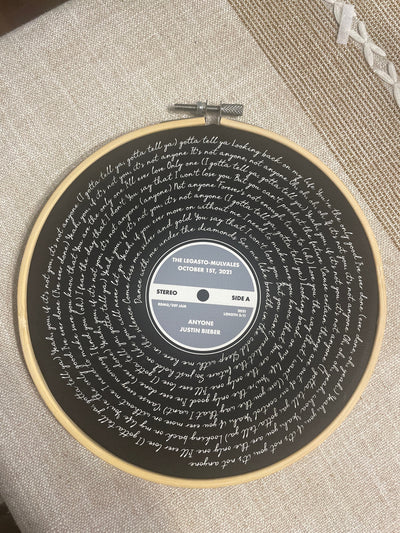 Customer photo — Personalised Song Lyrics Vinyl Record Cotton Canvas Circular Frame