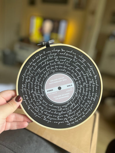 Customer photo — Personalised Song Lyrics Vinyl Record Cotton Canvas Circular Frame