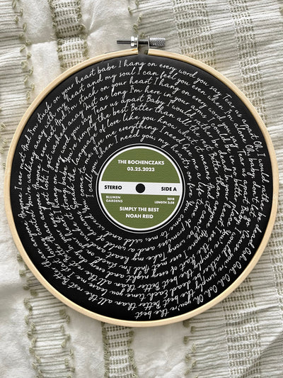 Customer photo — Personalised Song Lyrics Vinyl Record Cotton Canvas Circular Frame