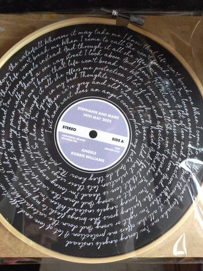 Customer photo — Personalised Song Lyrics Vinyl Record Cotton Canvas Circular Frame