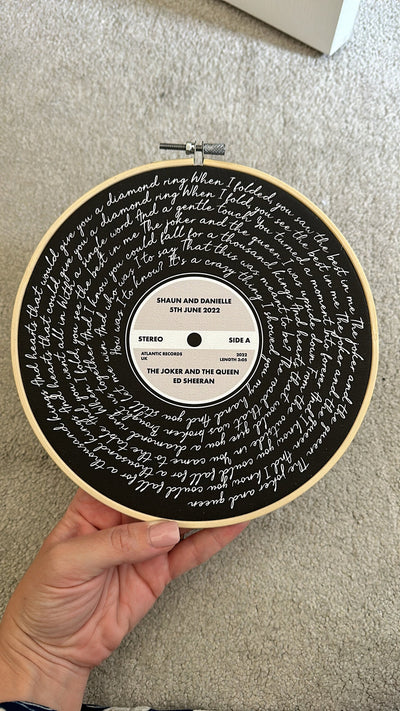 Customer photo — Personalised Song Lyrics Vinyl Record Cotton Canvas Circular Frame