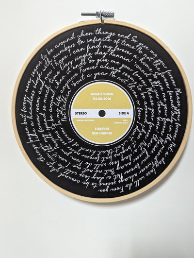Customer photo — Personalised Song Lyrics Vinyl Record Cotton Canvas Circular Frame