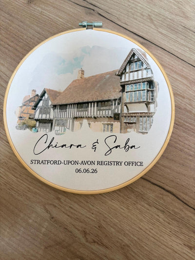 Customer photo — Personalised Watercolour Wedding Venue Painting | Cotton Canvas Embroidery Hoop