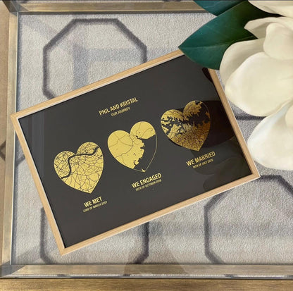 Custom Heart Maps Gold Foil Print | Any 3 Locations | Personalised Anniversary Gift