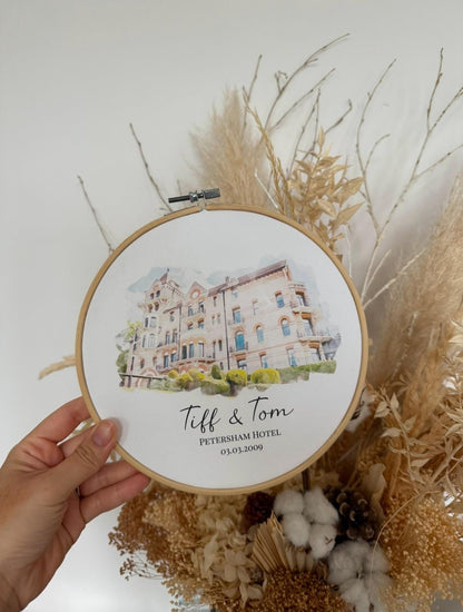 Personalised Watercolour Wedding Venue Painting | Cotton Canvas Embroidery Hoop