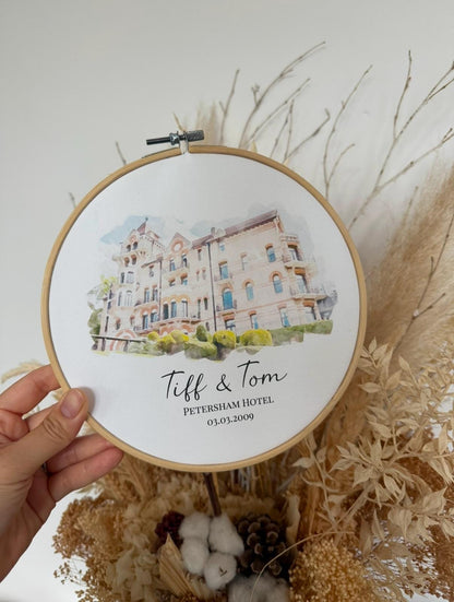 Personalised Watercolour Wedding Venue Painting | Cotton Canvas Embroidery Hoop