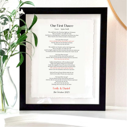 Personalised Wedding Song Lyrics Print Float Mounted Frame