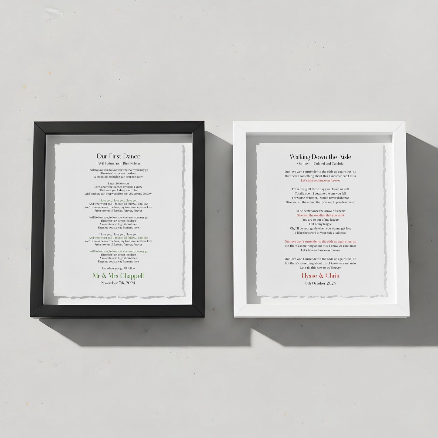 Personalised Wedding Song Lyrics Print Float Mounted Frame
