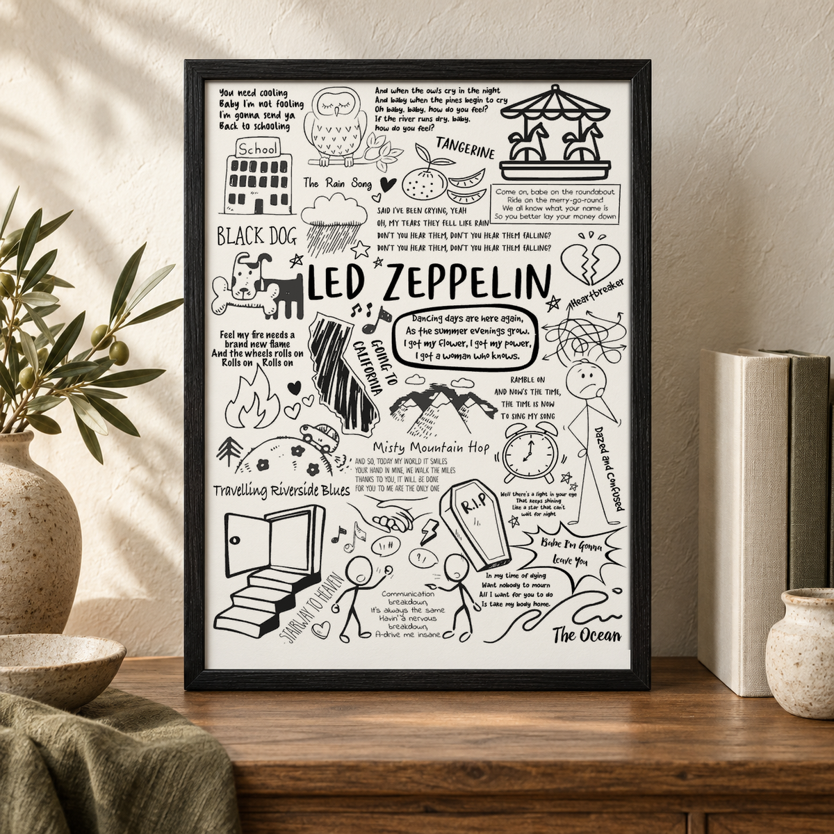 Led Zeppelin Lyric Album Print — close lifestyle view, black oak frame
