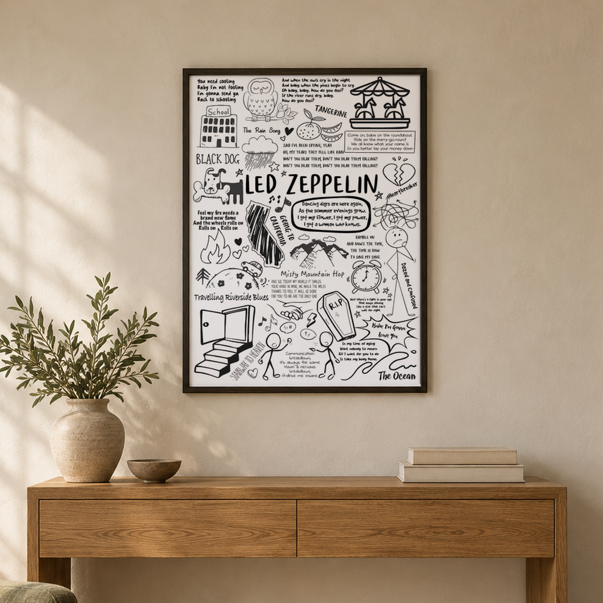 Led Zeppelin Lyric Album Print — wider room setting, black oak frame