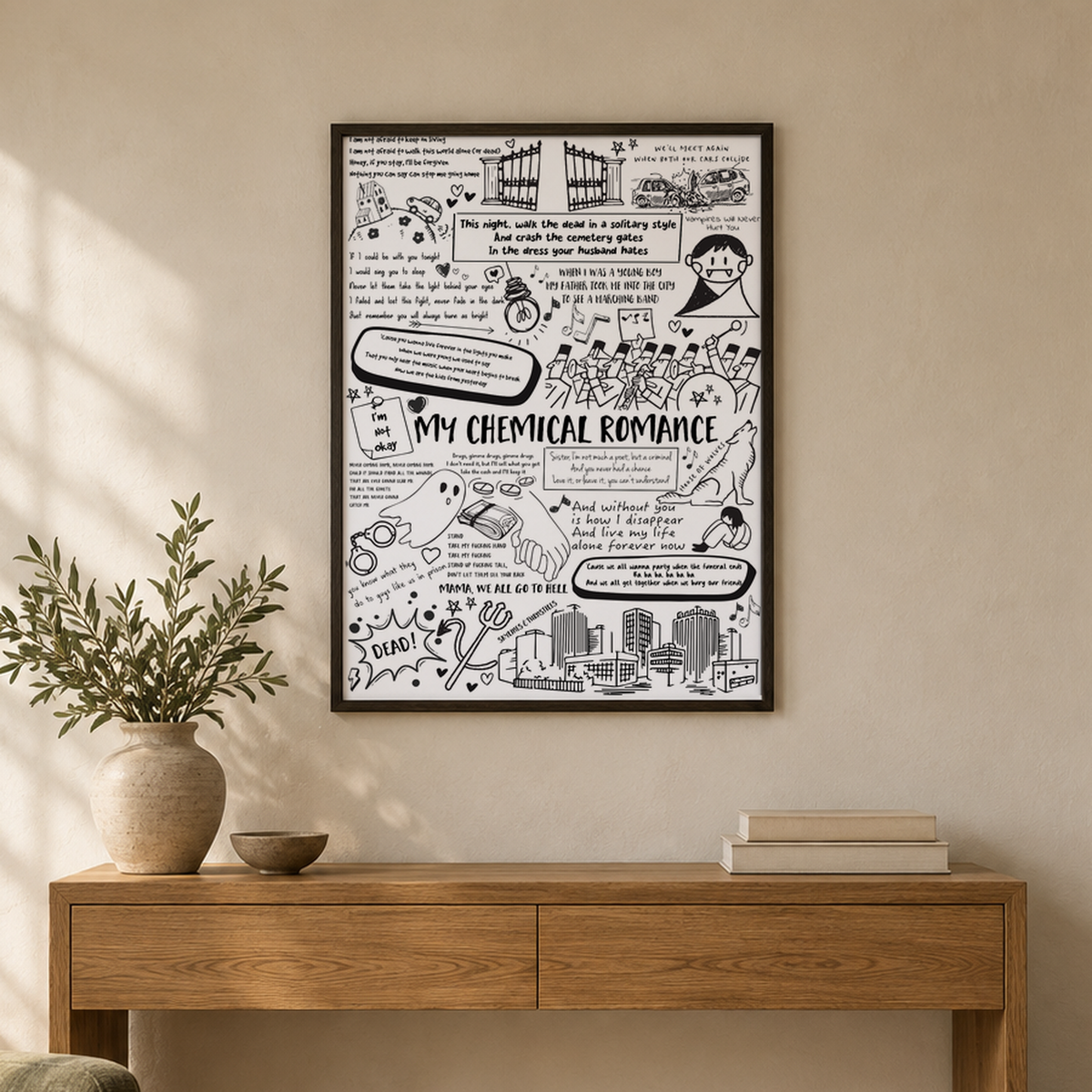 My Chemical Romance Lyric Album Print — wider room setting, black oak frame