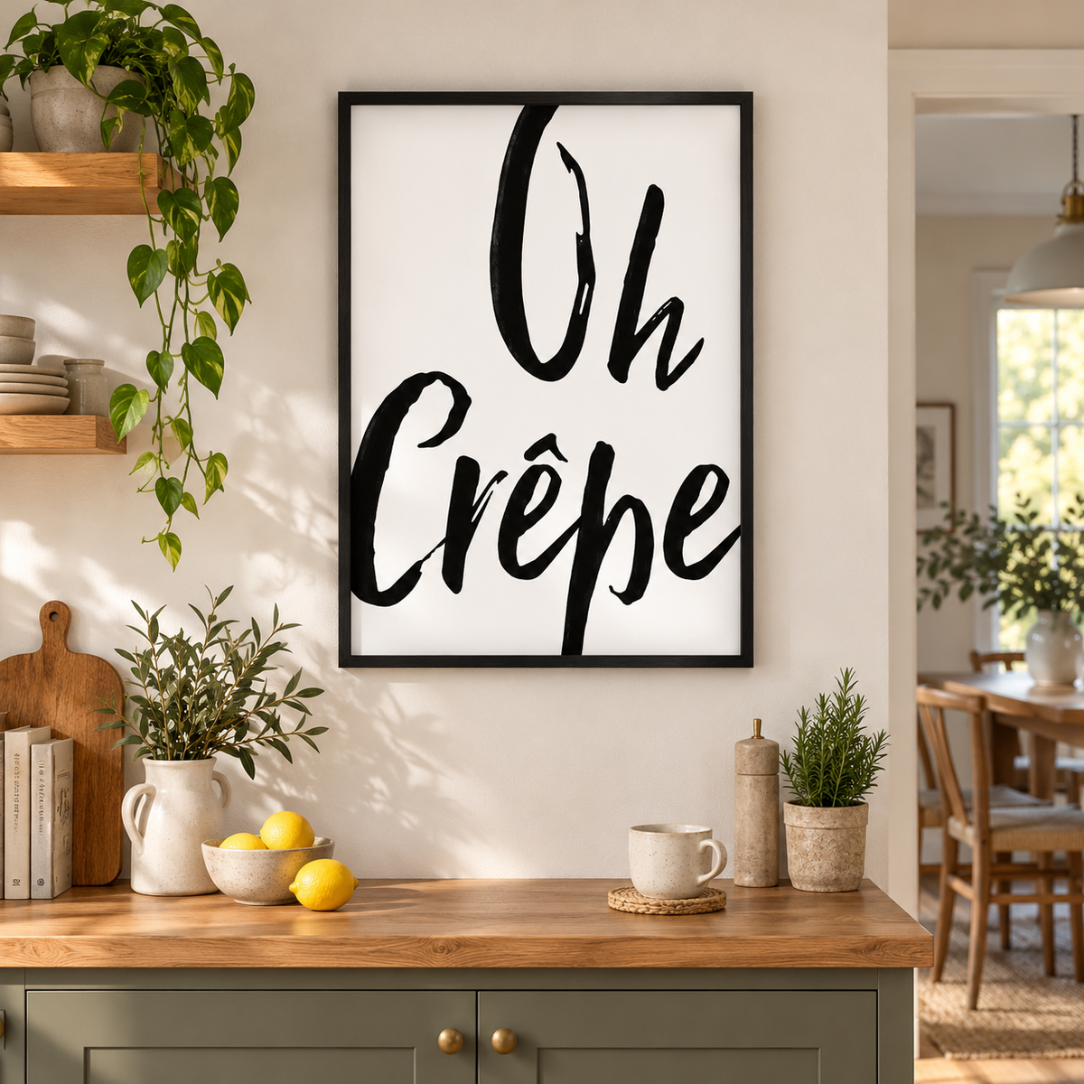 Oh Crepe Print — wider room setting, black oak frame