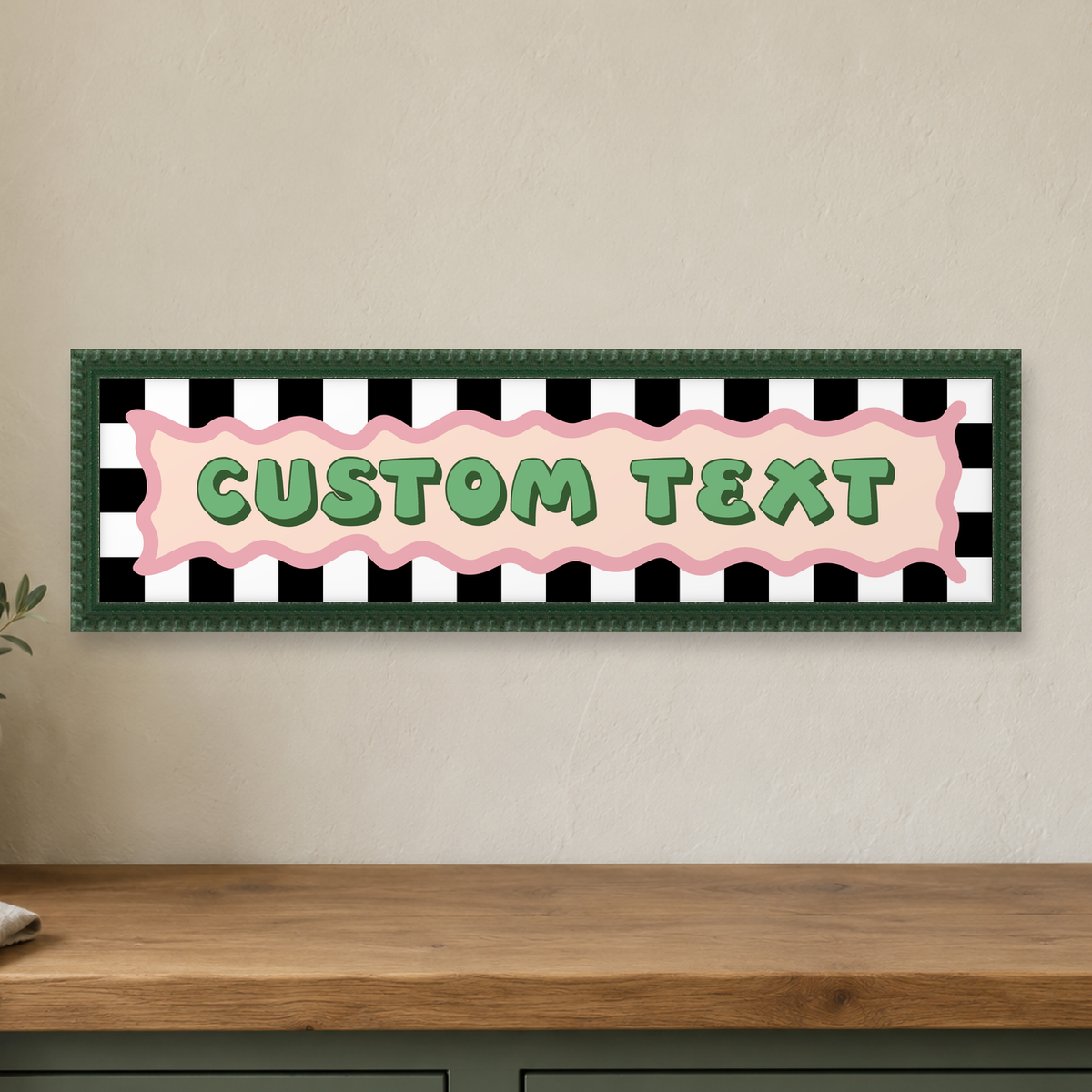 Personalised Checkerboard Panoramic Print — close lifestyle view, forest green bobbin
