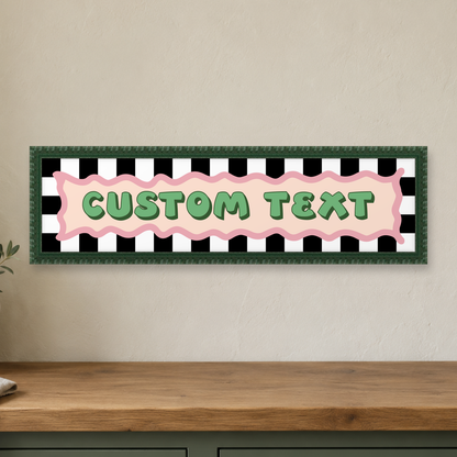 Personalised Checkerboard Panoramic Print — close lifestyle view, forest green bobbin