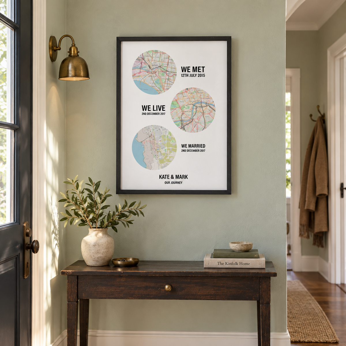 Personalised Couple Location Maps Print — wider lifestyle view