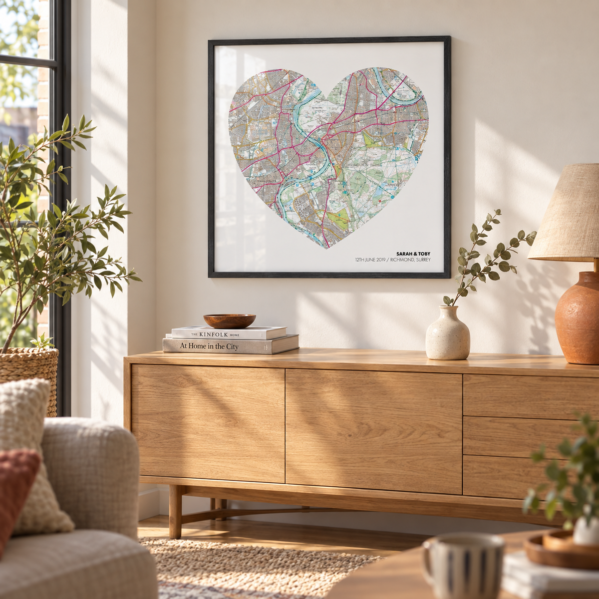Personalised OS Map Heart Print — wider lifestyle view