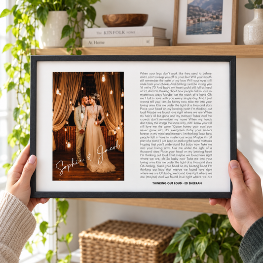 Personalised Song Lyrics And Photo Script Print — close lifestyle view