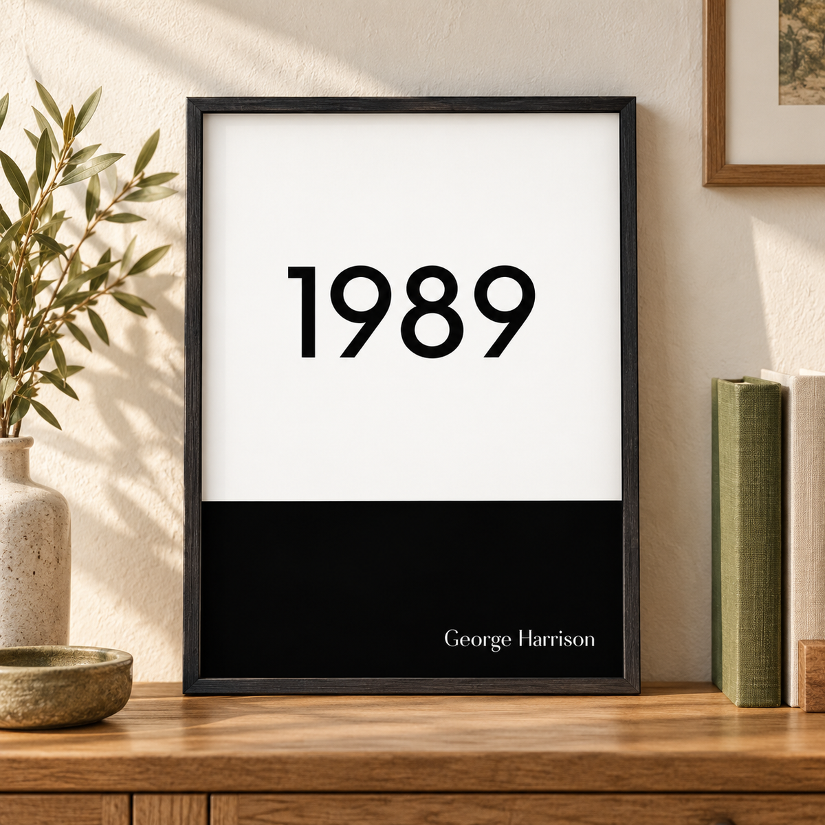 Personalised Typographic Year Print — close lifestyle view, black oak frame