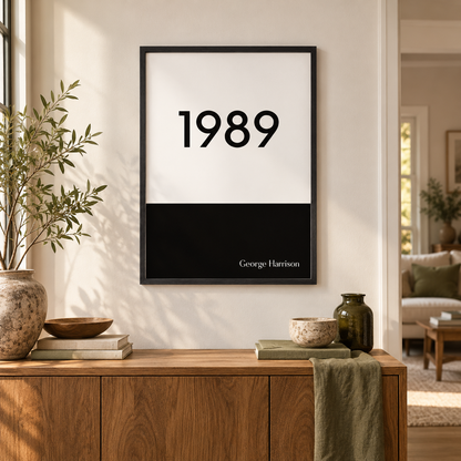 Personalised Typographic Year Print — wider room setting, black oak frame