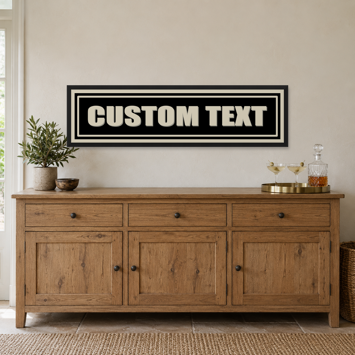 Personalised Vintage Sign Panoramic Print — wider room setting, matt black wood