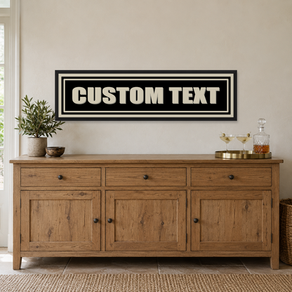 Personalised Vintage Sign Panoramic Print — wider room setting, matt black wood