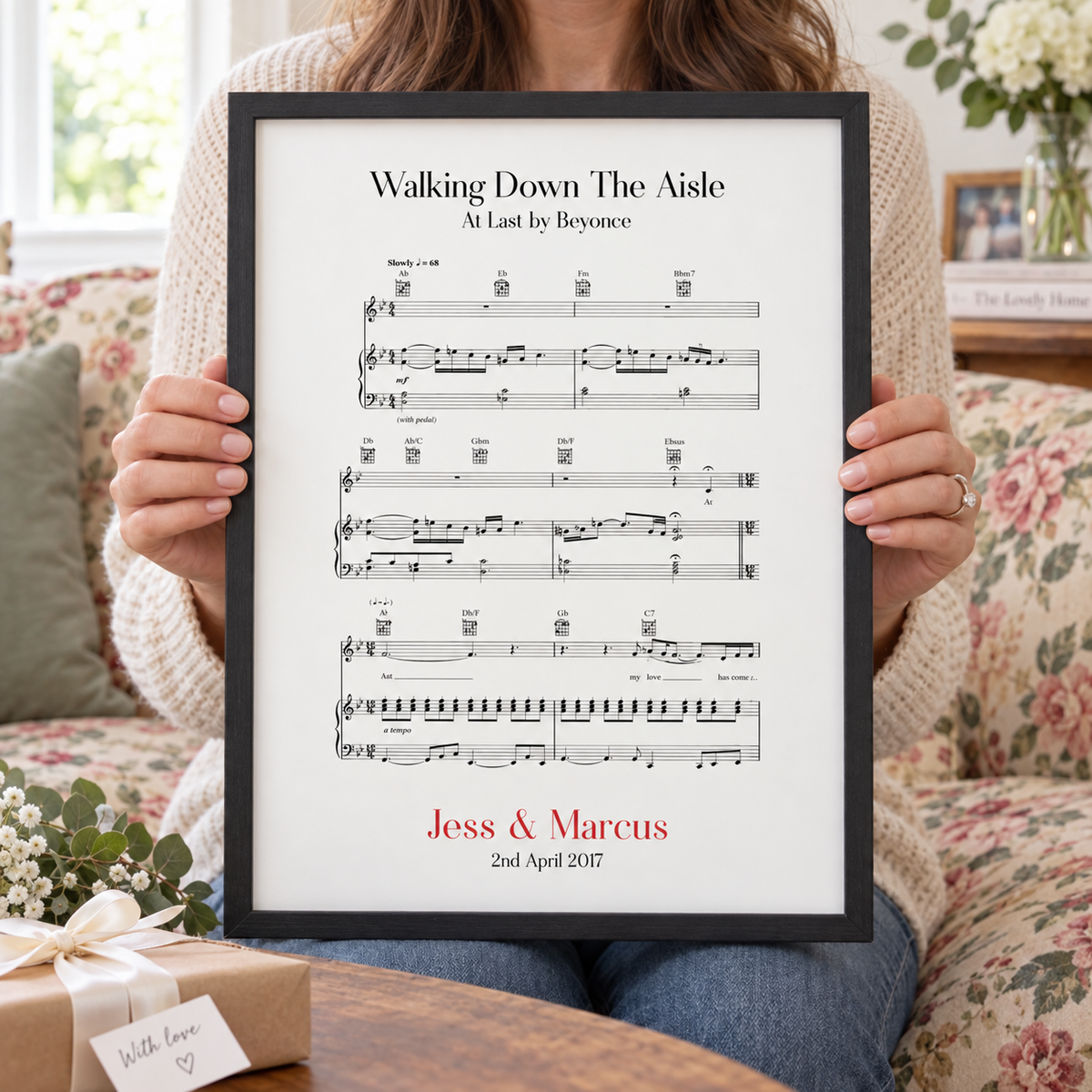 Personalised Walking Down The Aisle Music Sheet Notes Print — close lifestyle view